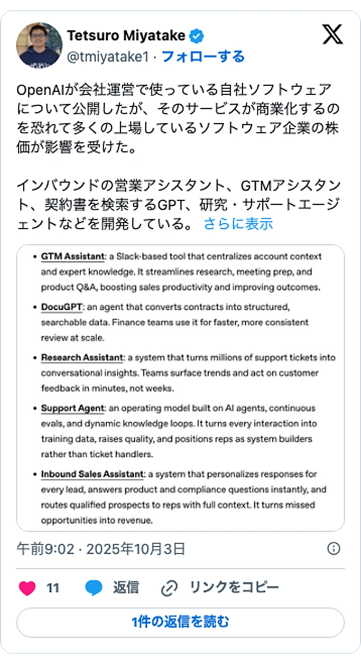 @tmiyatake1のXポスト: OpenAIが会社運営で使っている自社ソフトウェアについて公開したが、そのサービスが商業化するのを恐れて多くの上場しているソフトウェア企業の株価が影響を受けた。 インバウンドの営業アシスタント、GTMアシスタント、契約書を検索するGPT、研究・サポートエージェントなどを開発して…