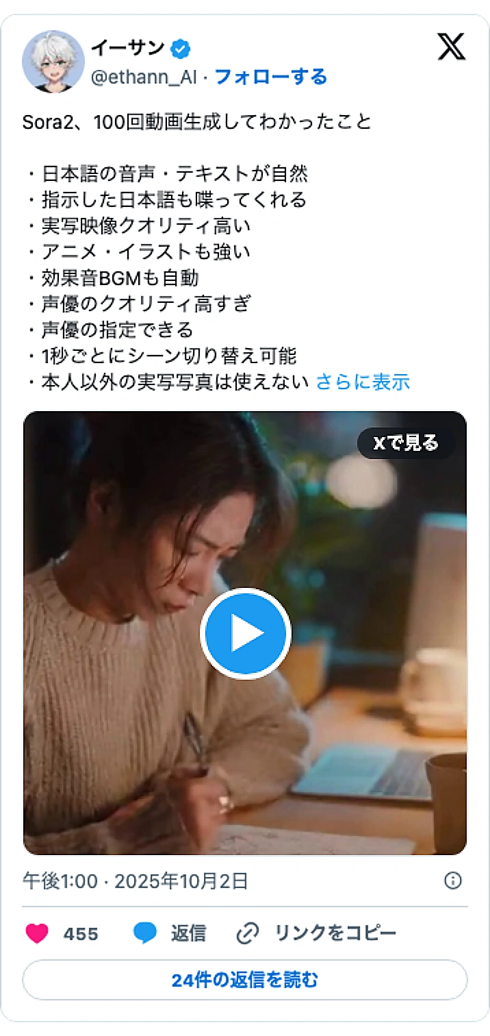 @ethann_AIのXポスト: Sora2、100回動画生成してわかったこと ・日本語の音声・テキストが自然 ・指示した日本語も喋ってくれる ・実写映像クオリティ高い ・アニメ・イラストも強い ・効果音BGMも自動 ・声優のクオリティ高すぎ ・声優の指定できる ・1秒ごとにシーン切り替え可能 ・本人以外の実写…