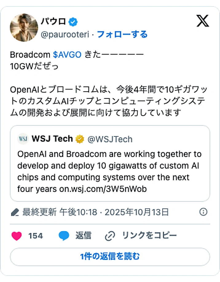 @paurooteriのXポスト: Broadcom $AVGO きたーーーーー 10GWだぜっ OpenAIとブロードコムは、今後4年間で10ギガワットのカスタムAIチップとコンピューティングシステムの開発および展開に向けて協力しています https://t.co/Mlb5iQXKAz