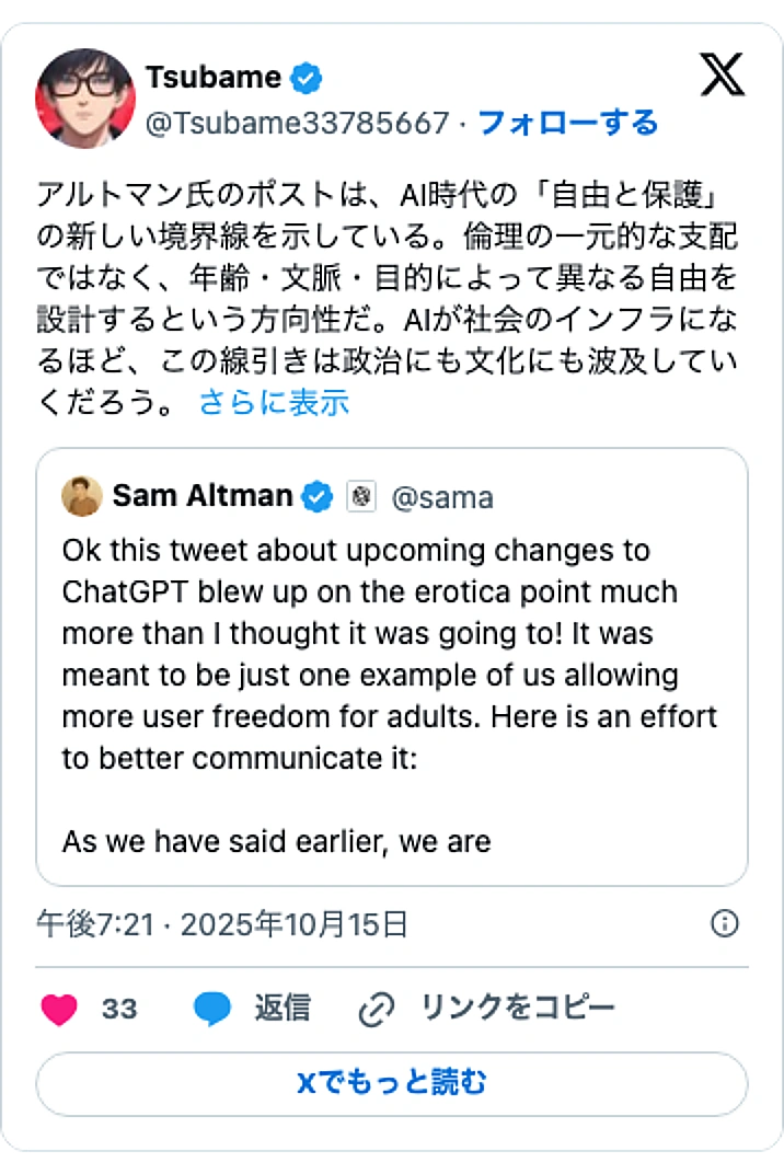 @Tsubame33785667のXポスト: アルトマン氏のポストは、AI時代の「自由と保護」の新しい境界線を示している。倫理の一元的な支配ではなく、年齢・文脈・目的によって異なる自由を設計するという方向性だ。AIが社会のインフラになるほど、この線引きは政治にも文化にも波及していくだろう。… https://t.co/sS…