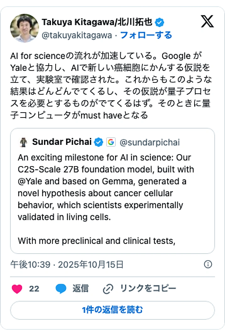 @takuyakitagawaのXポスト: AI for scienceの流れが加速している。Google がYaleと協力し、AIで新しい癌細胞にかんする仮説を立て、実験室で確認された。これからもこのような結果はどんどんでてくるし、その仮説が量子プロセスを必要とするものがでてくるはず。そのときに量子コンピュータがmus…