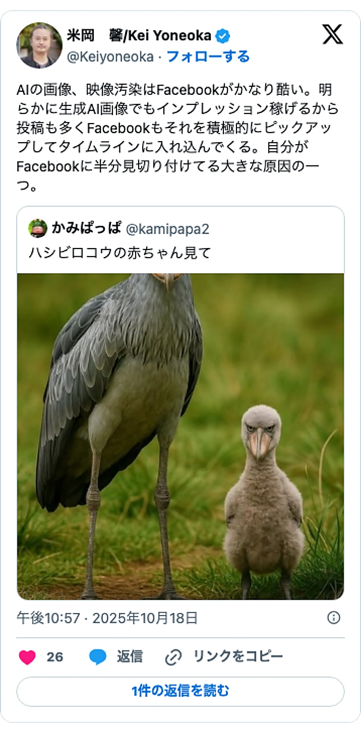 @KeiyoneokaのXポスト: AIの画像、映像汚染はFacebookがかなり酷い。明らかに生成AI画像でもインプレッション稼げるから投稿も多くFacebookもそれを積極的にピックアップしてタイムラインに入れ込んでくる。自分がFacebookに半分見切り付けてる大きな原因の一つ。 https://t.co/…