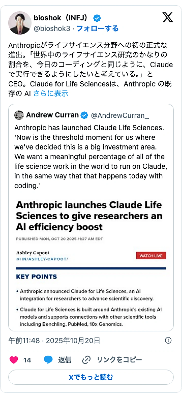 @bioshok3のXポスト: Anthropicがライフサイエンス分野への初の正式な進出。「世界中のライフサイエンス研究のかなりの割合を、今日のコーディングと同じように、Claudeで実行できるようにしたいと考えている。」とCEO。Claude for Life Sciencesは、Anthropic の既…