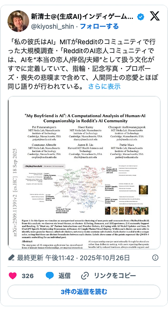 @kiyoshi_shinのXポスト: 「私の彼氏はAI」MITがRedditのコミュニティで行った大規模調査・「RedditのAI恋人コミュニティでは、AIを“本当の恋人/伴侶/夫婦”として扱う文化がすでに定着していて、指輪・記念写真・プロポーズ・喪失の悲嘆まで含めて、人間同士の恋愛とほぼ同じ語りが行われている。……