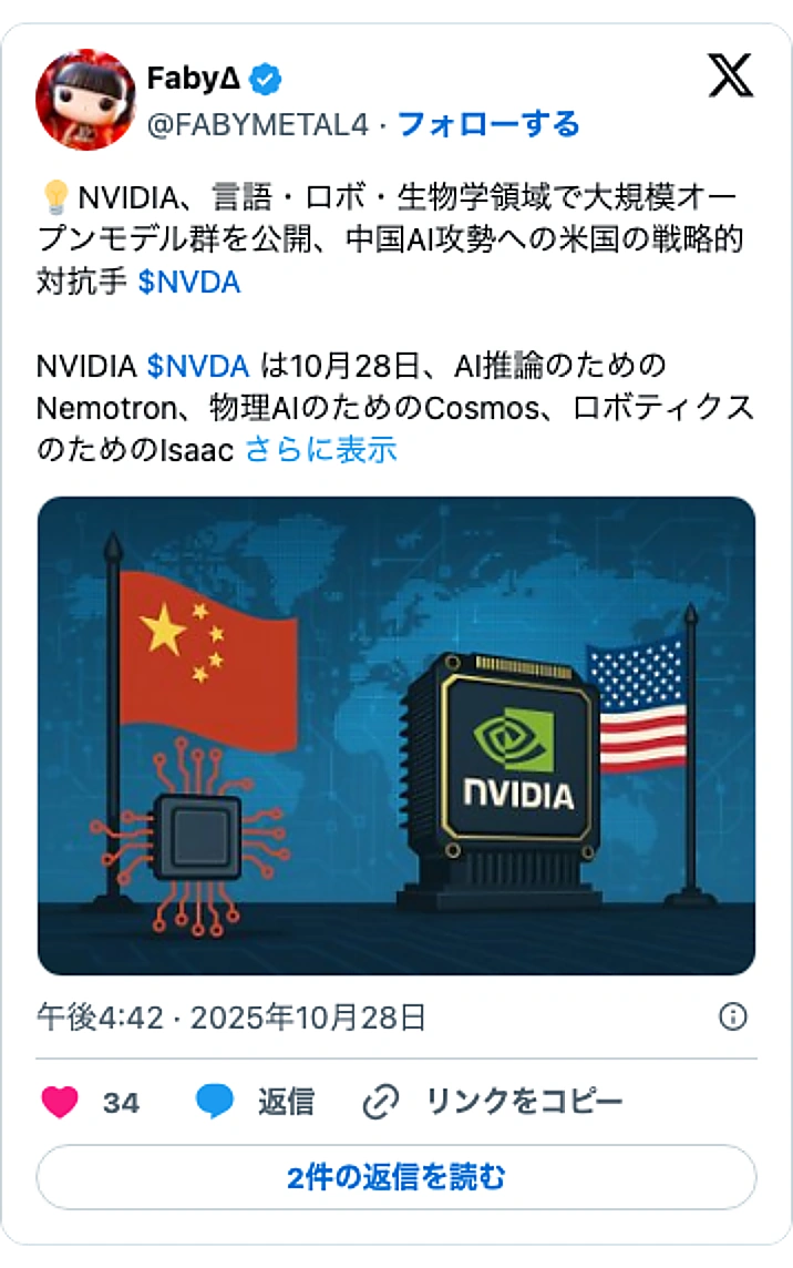 @FABYMETAL4のXポスト: 💡NVIDIA、言語・ロボ・生物学領域で大規模オープンモデル群を公開、中国AI攻勢への米国の戦略的対抗手 $NVDA NVIDIA $NVDA は10月28日、AI推論のためのNemotron、物理AIのためのCosmos、ロボティクスのためのIsaac… pic.twitte…