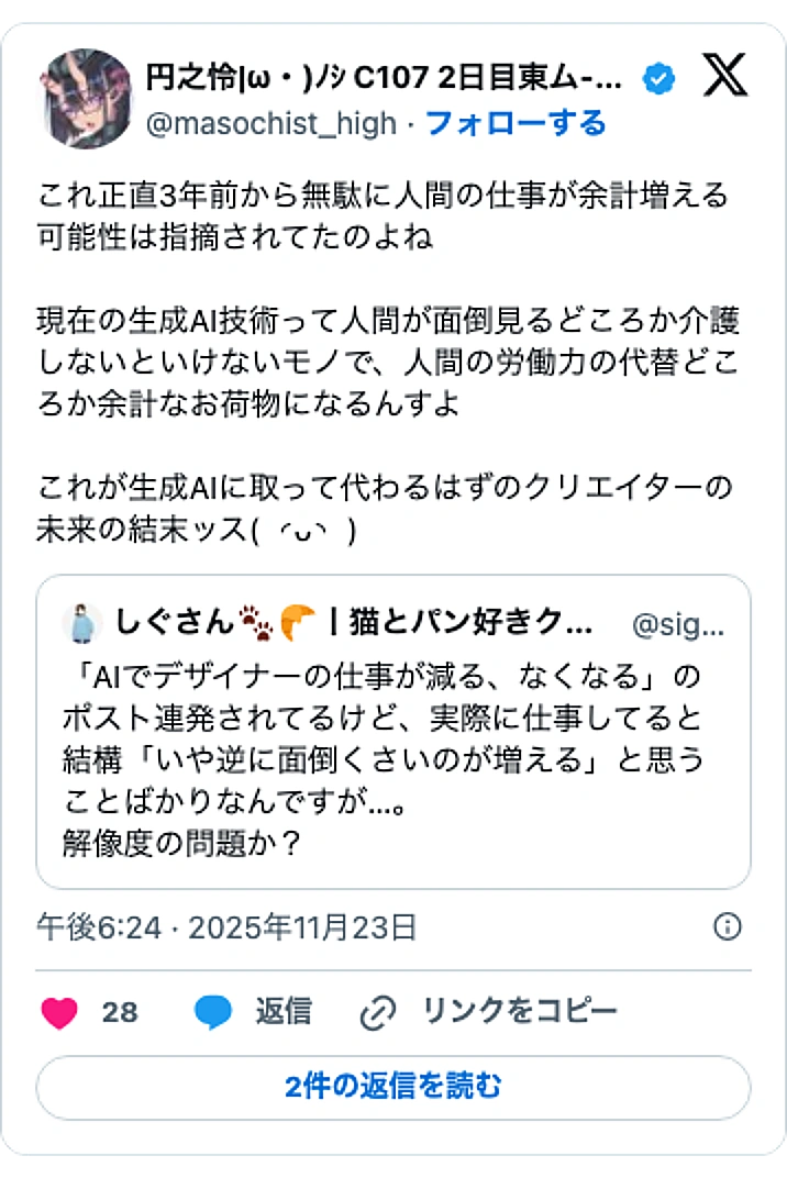 @masochist_highのXポスト: これ正直3年前から無駄に人間の仕事が余計増える可能性は指摘されてたのよね 現在の生成AI技術って人間が面倒見るどころか介護しないといけないモノで、人間の労働力の代替どころか余計なお荷物になるんすよ これが生成AIに取って代わるはずのクリエイターの未来の結末ッス( ◜ᴗ◝ ) h…