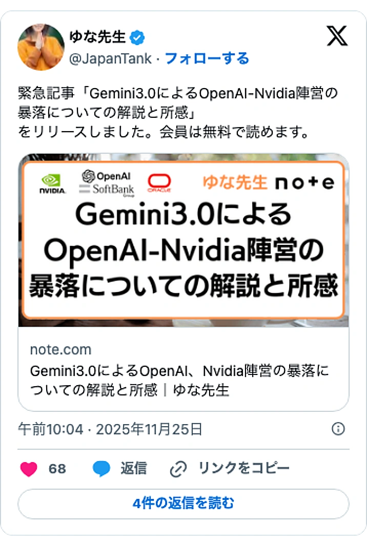 @JapanTankのXポスト: 緊急記事「Gemini3.0によるOpenAI-Nvidia陣営の暴落についての解説と所感」 をリリースしました。会員は無料で読めます。 https://t.co/GkPtgXQoxM