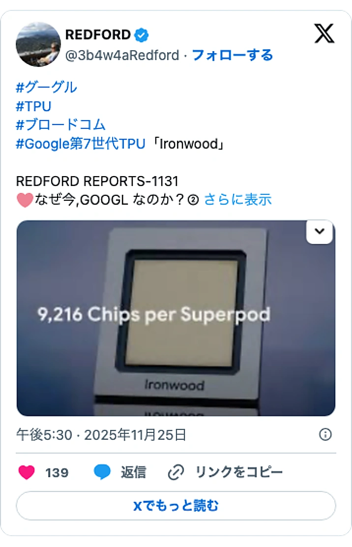 @3b4w4aRedfordのXポスト: #グーグル #TPU #ブロードコム #Google第7世代TPU 「Ironwood」 REDFORD REPORTS-1131 🩷なぜ今,GOOGL なのか?②… pic.twitter.com/umEqXBQla5