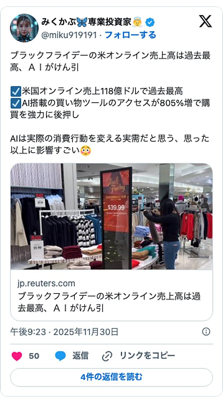 @miku919191のXポスト: ブラックフライデーの米オンライン売上高は過去最高、ＡＩがけん引 ☑️米国オンライン売上118億ドルで過去最高 ☑️AI搭載の買い物ツールのアクセスが805%増で購買を強力に後押し AIは実際の消費行動を変える実需だと思う、思った以上に影響すごい😳 https://t.co/Oq…