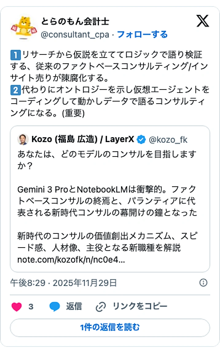 @consultant_cpaのXポスト: 1️⃣リサーチから仮説を立ててロジックで語り検証する、従来のファクトベースコンサルティング/インサイト売りが陳腐化する。 2️⃣代わりにオントロジーを示し仮想エージェントをコーディングして動かしデータで語るコンサルティングになる。(重要) https://t.co/xpVvsH…
