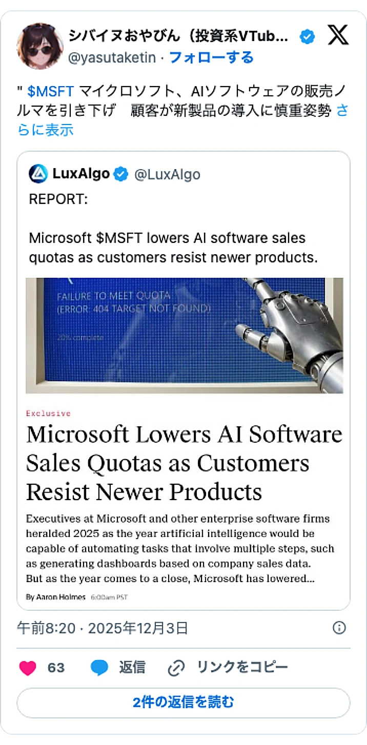 @yasutaketinのXポスト: " $MSFT マイクロソフト、AIソフトウェアの販売ノルマを引き下げ 顧客が新製品の導入に慎重姿勢… https://t.co/pEU7GC3AFU