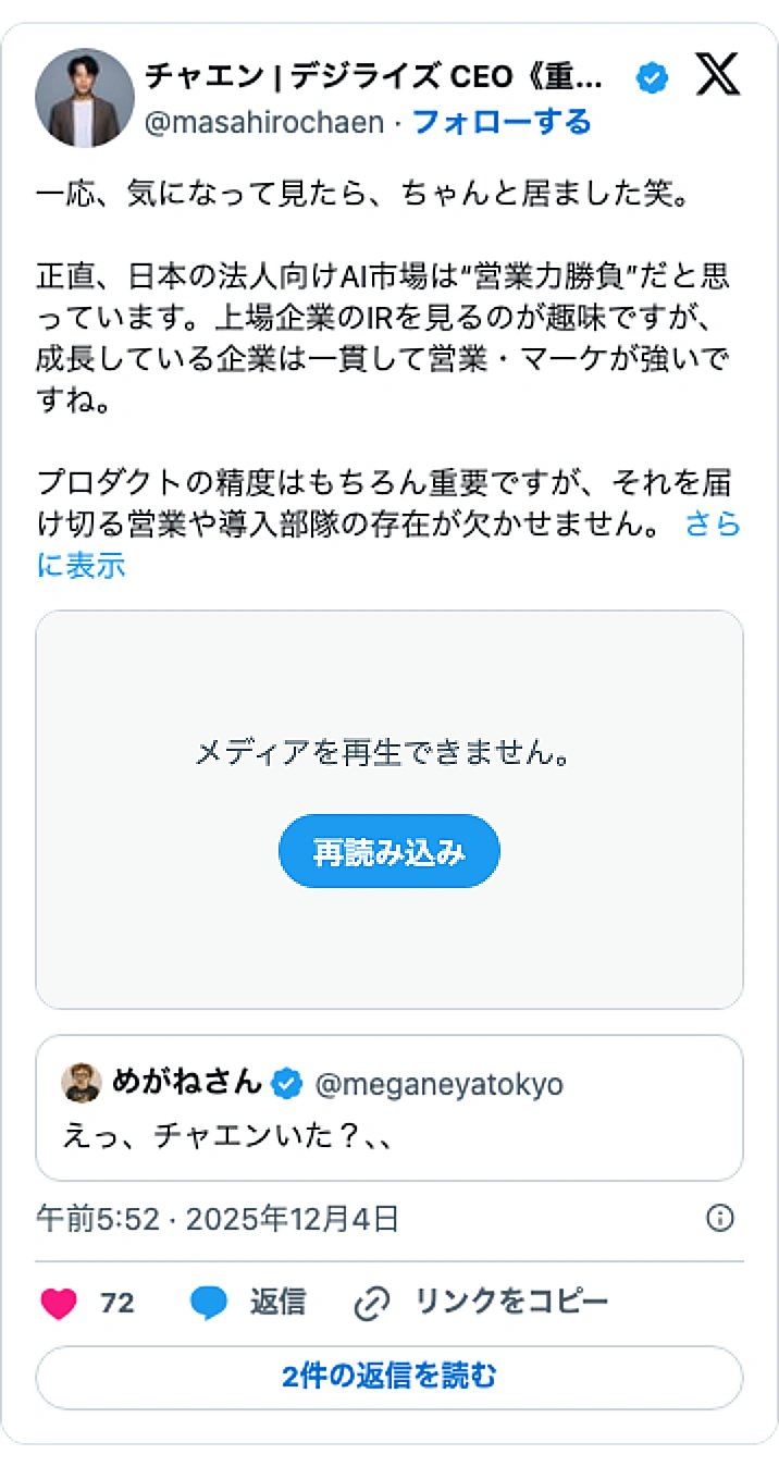 @masahirochaenのXポスト: 一応、気になって見たら、ちゃんと居ました笑。 正直、日本の法人向けAI市場は“営業力勝負”だと思っています。上場企業のIRを見るのが趣味ですが、成長している企業は一貫して営業・マーケが強いですね。 プロダクトの精度はもちろん重要ですが、それを届け切る営業や導入部隊の存在が欠かせ…